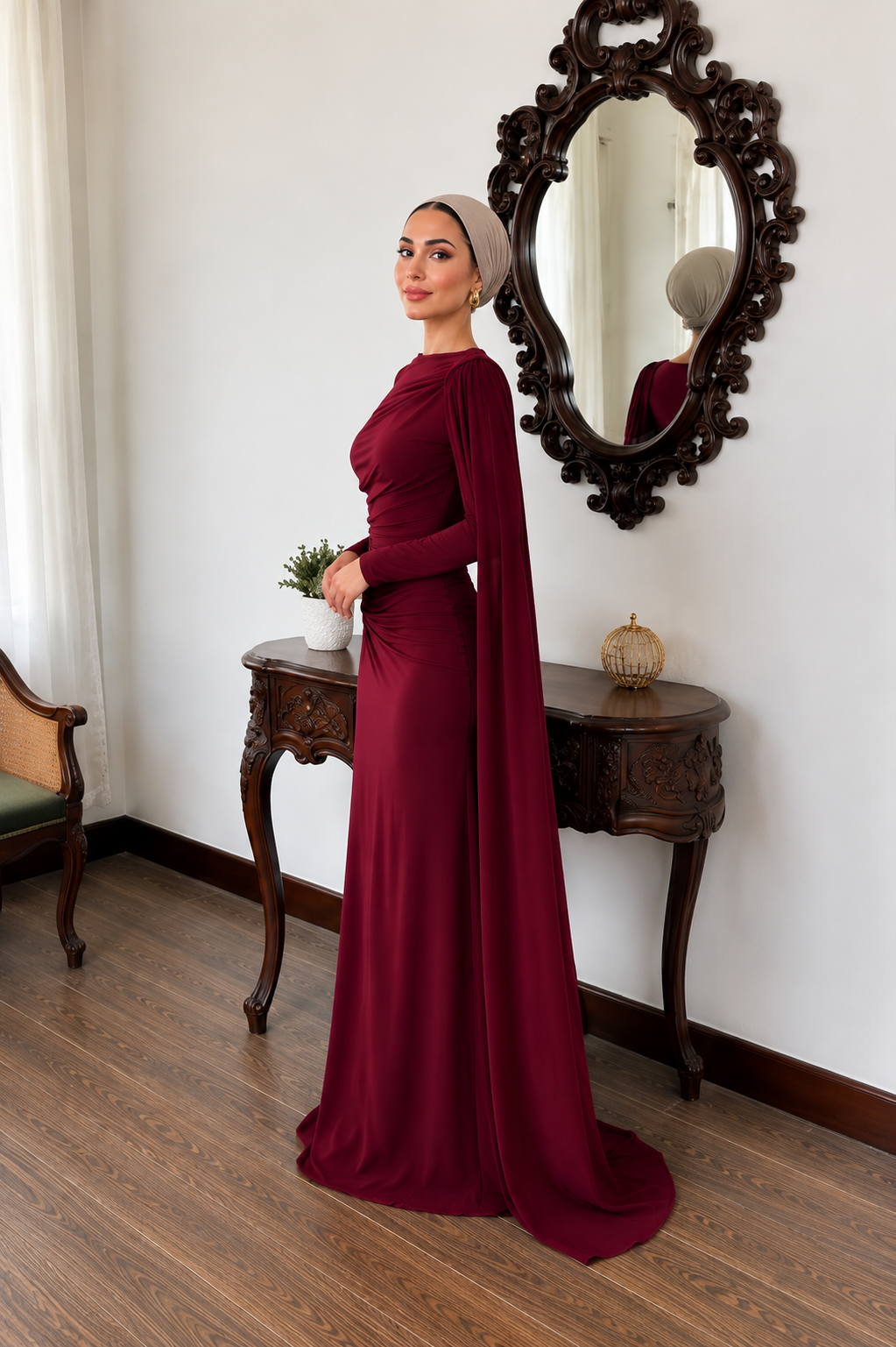 THE BORDEAUX DRAPED CAPE MAXI DRESS