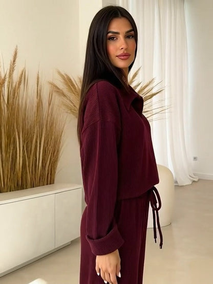 Premium -Trendiva  Burgundy Ribbed Velvet Set