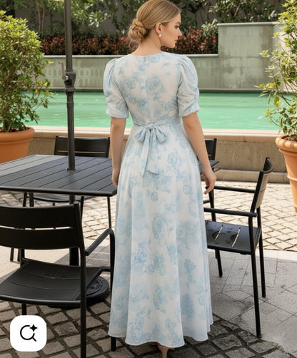 Elegant Floral Puff Sleeve Maxi Dress