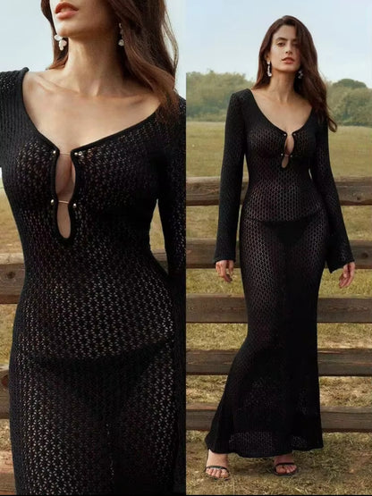 SHEIN Crocheted V-Neck Backless Maxi Cover-Up Dress
