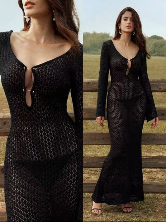 SHEIN Crocheted V-Neck Backless Maxi Cover-Up Dress