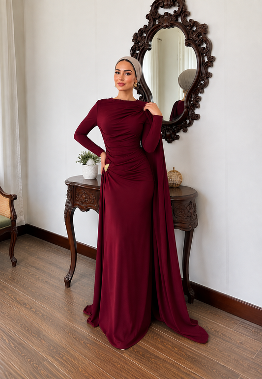 THE BORDEAUX DRAPED CAPE MAXI DRESS