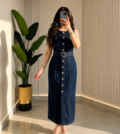 THE INDIGO BELTED DENIM MAXI DRESS