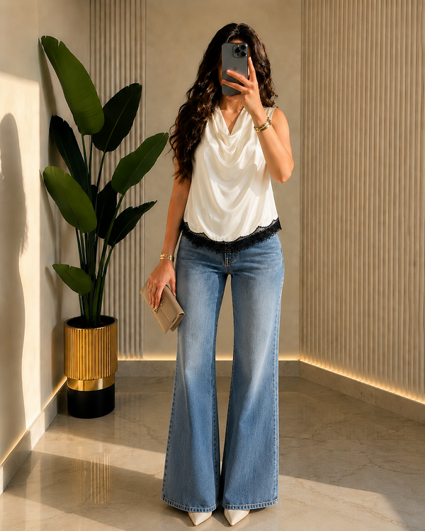 THE OFF-WHITE LACE-HEM SATIN BLOUSE
