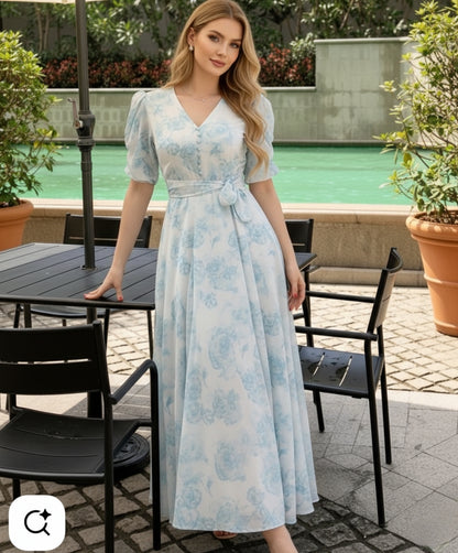 Elegant Floral Puff Sleeve Maxi Dress