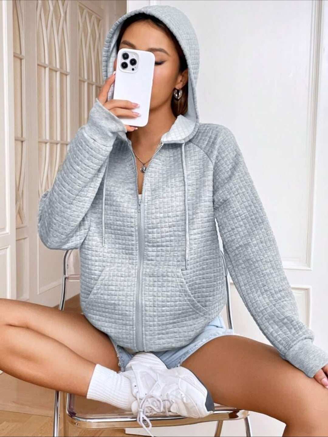 Waffle Texture Zip-Up Sweatshirt