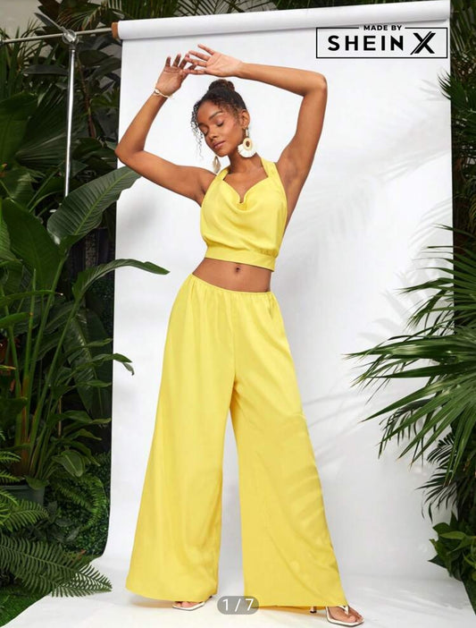 SHEIN X TrendsALEXANDRIA Draped Neck Top & Pants Set