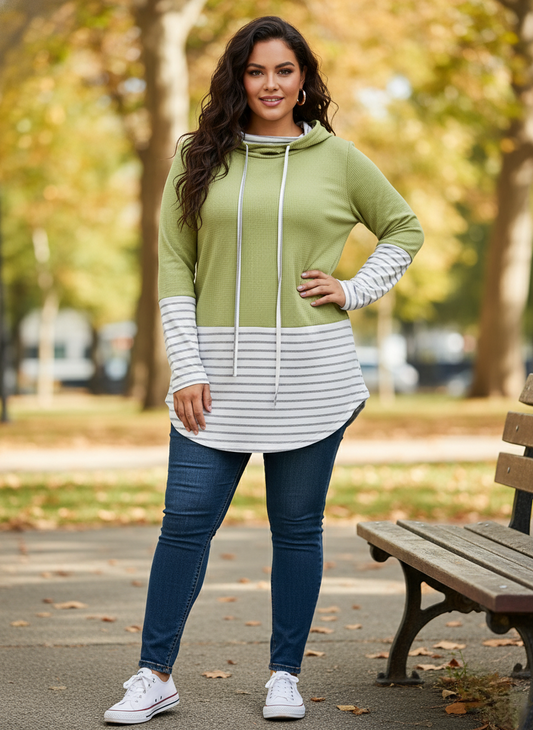 Striped Curved Hem Cowl Neck Sweatshirt