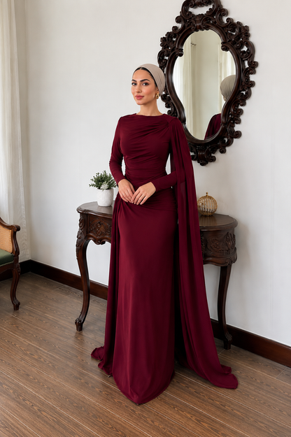THE BORDEAUX DRAPED CAPE MAXI DRESS