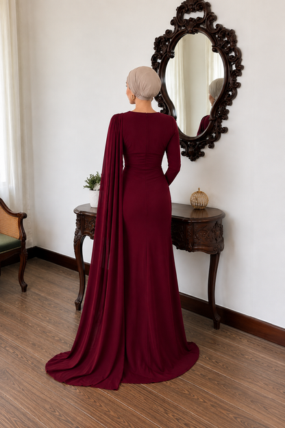 THE BORDEAUX DRAPED CAPE MAXI DRESS