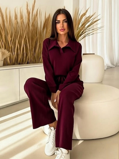 Premium -Trendiva  Burgundy Ribbed Velvet Set