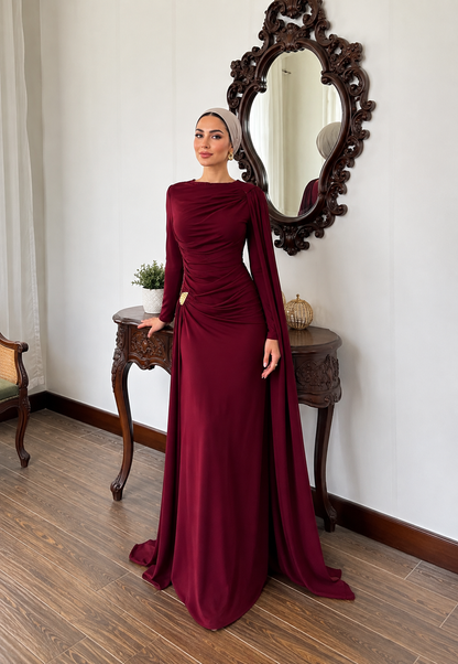 THE BORDEAUX DRAPED CAPE MAXI DRESS