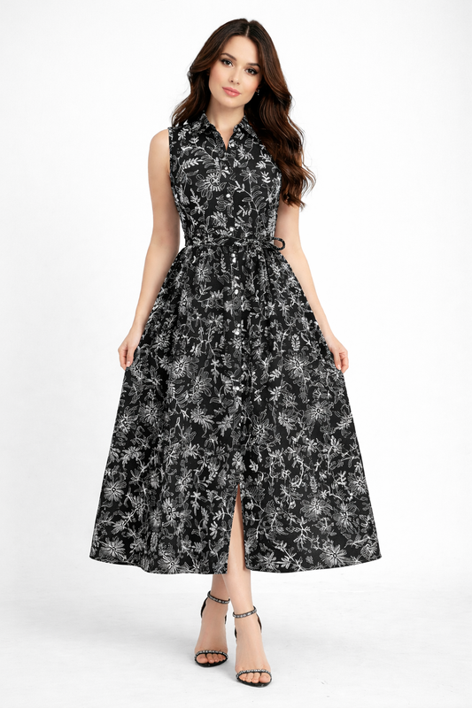 Elegant Embroidered Linen Maxi Dress