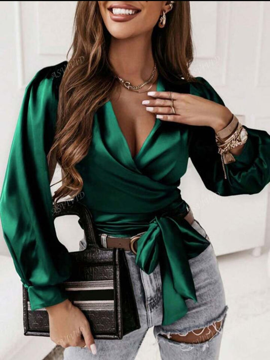 Exquisite Ruched Overlap Satin Top with Elegant Tie Detailing