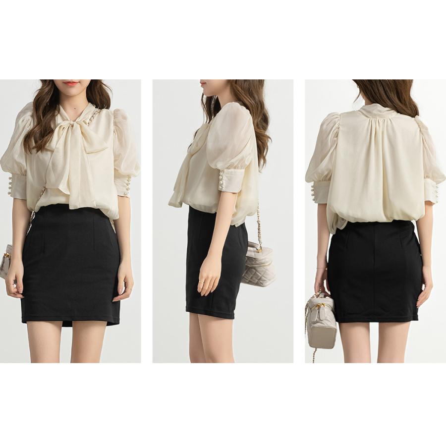 DAZY THE TIE-NECK PEARL PUFF BLOUSE