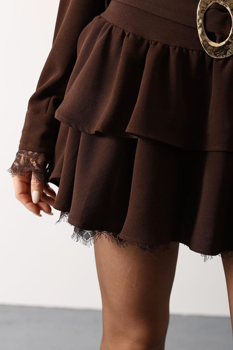 Gold Belted Lace Detail Dress - Brown