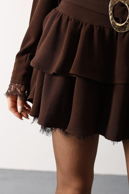 Gold Belted Lace Detail Dress - Brown