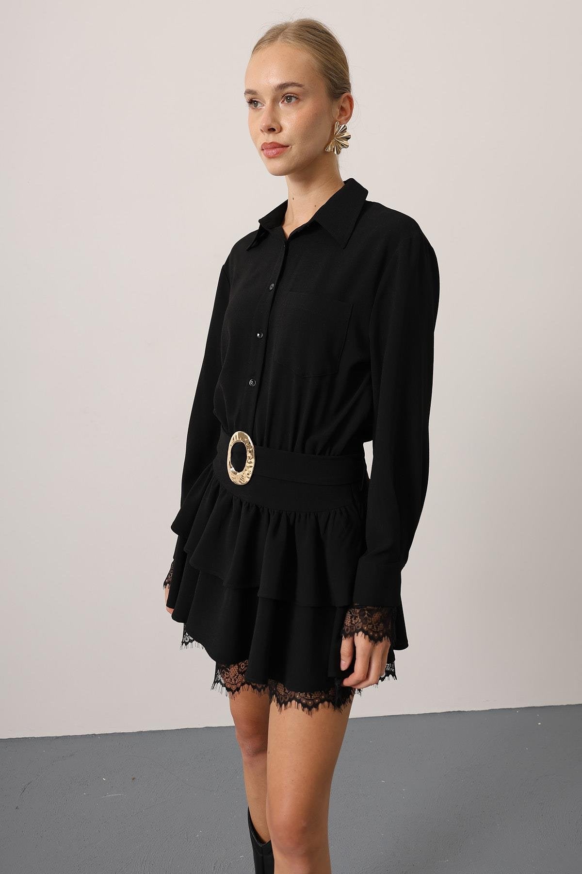 Gold Belted Lace Detail Dress - Black