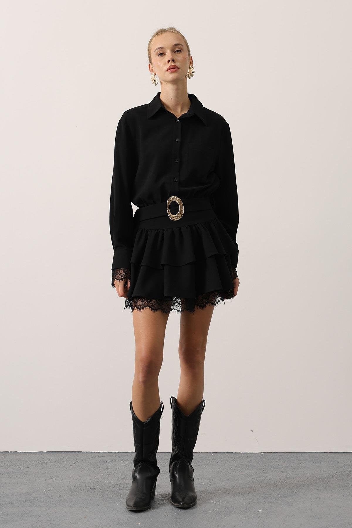 Gold Belted Lace Detail Dress - Black