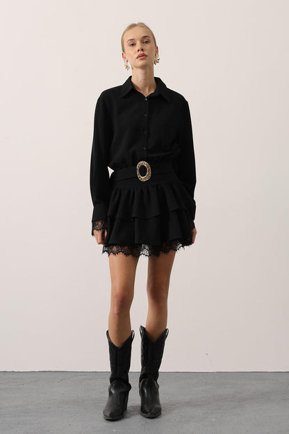 Gold Belted Lace Detail Dress - Black