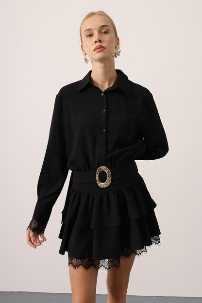 Gold Belted Lace Detail Dress - Black