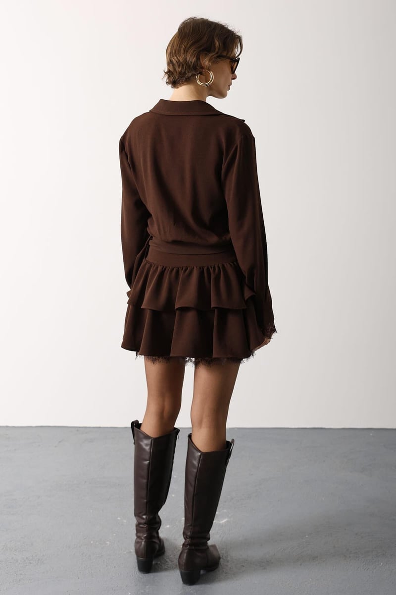 Gold Belted Lace Detail Dress - Brown