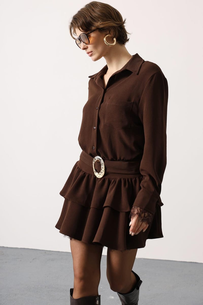 Gold Belted Lace Detail Dress - Brown