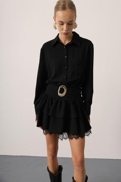Gold Belted Lace Detail Dress - Black