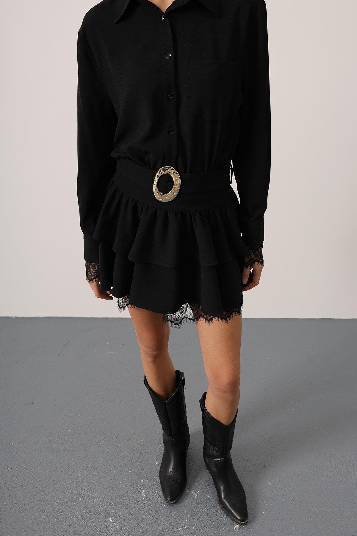 Gold Belted Lace Detail Dress - Black