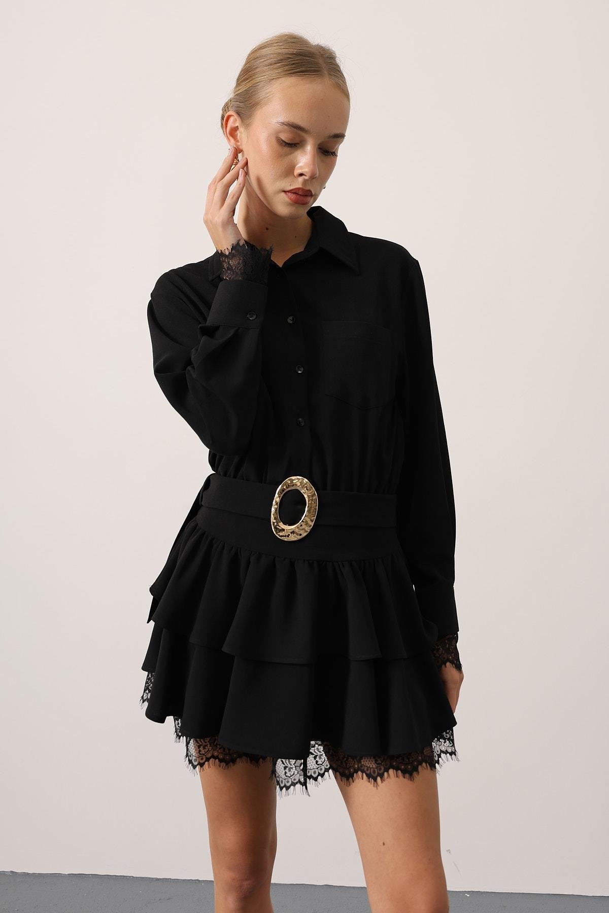 Gold Belted Lace Detail Dress - Black