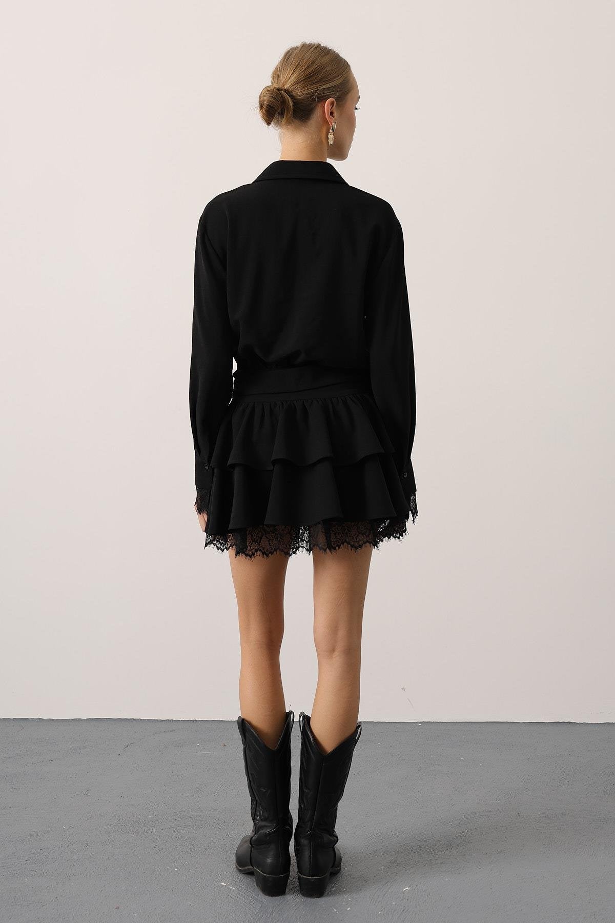 Gold Belted Lace Detail Dress - Black