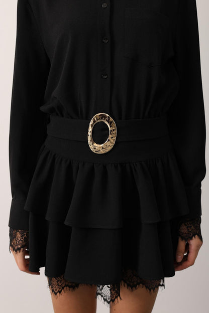 Gold Belted Lace Detail Dress - Black